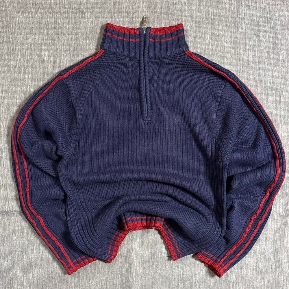 Navy blue quarter zip sweatshirt with red stripes - small